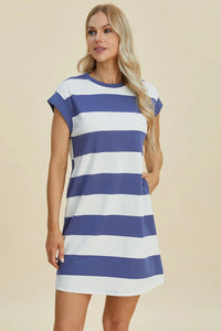 Basic Bae Full Size Striped Round Neck Cap Sleeve Mini Dress - Brittney MADE