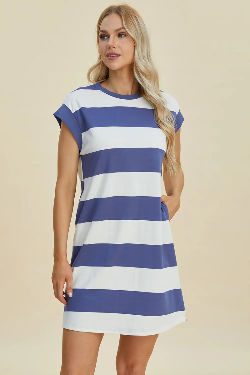 Basic Bae Full Size Striped Round Neck Cap Sleeve Mini Dress - Brittney MADE