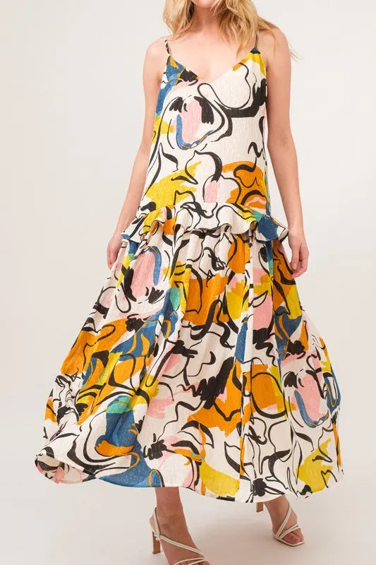 And The Why Ruffled Abstract Floral Printed Midi Cami Dress - Brittney MADE