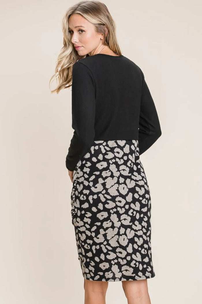 BOMBOM Leopard Color Block Knit Dress - Brittney MADE