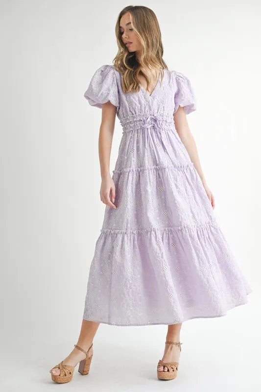 MABLE Eyelet Lace Puff Sleeve V Neck Midi Dress - Brittney MADE