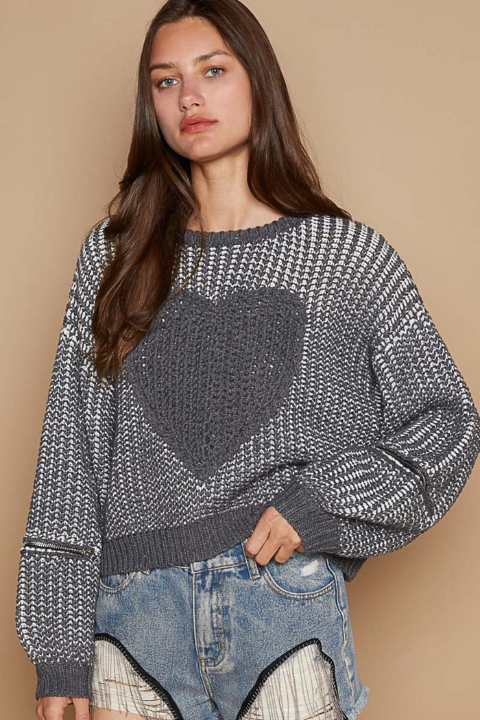 POL Round Neck Heart Patch Zipper Point Sleeve Sweater - Brittney MADE