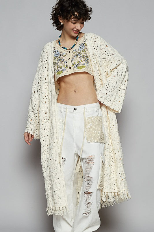 POL Crochet Fringe Open Front Longline Cardigan - Brittney MADE