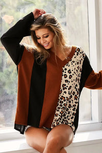 BiBi Brushed Thermal Color Block Top With Leopard - Brittney MADE