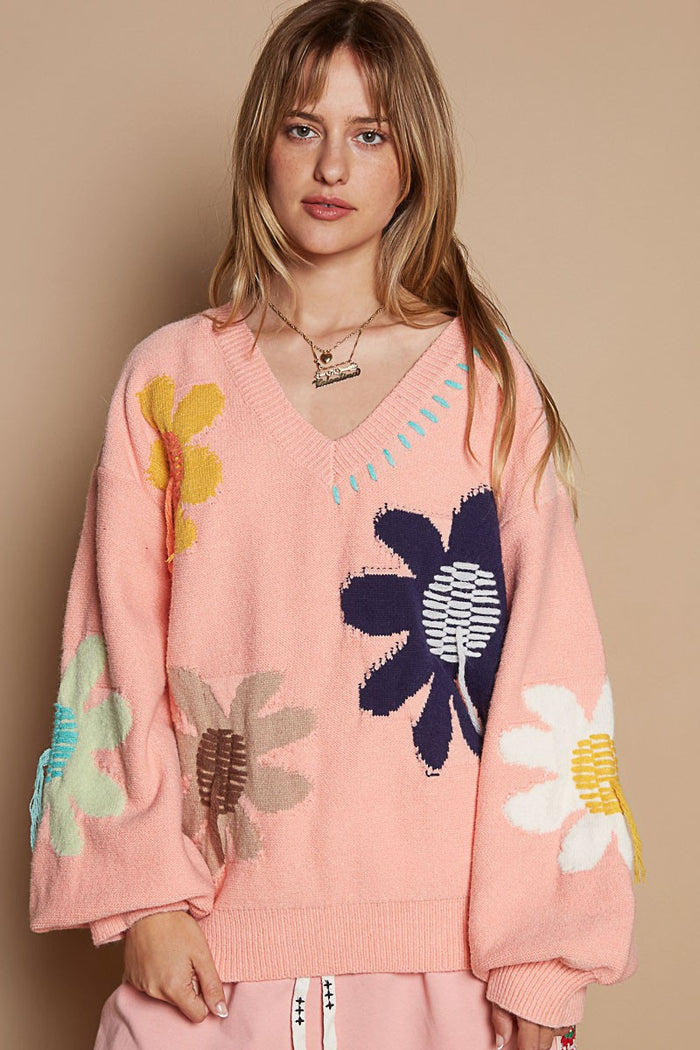 POL V-Neck Long Sleeve Flower Fringe Sweater - Brittney MADE