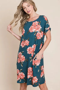 BOMBOM Floral Round Neck Short Tee Dress with Pockets - Brittney MADE