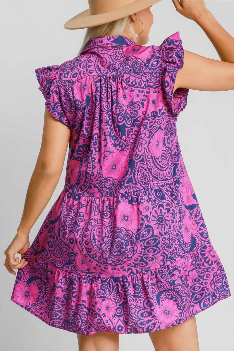 Umgee Full Size Printed Ruffle Cap Sleeve Babydoll Dress Plus Size - Brittney MADE