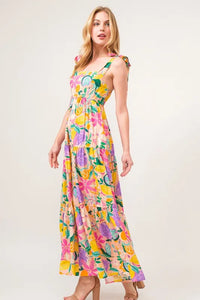 And The Why Shoulder Strap Tropical Fruit Printed Tiered Maxi Dress - Brittney MADE