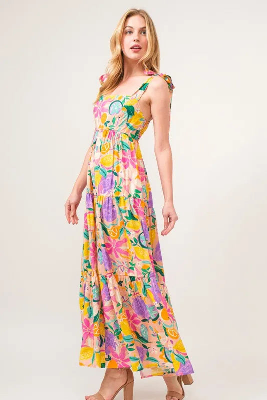 And The Why Shoulder Strap Tropical Fruit Printed Tiered Maxi Dress - Brittney MADE