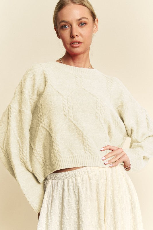 Davi & Dani Diamond Cable Pattern Drop Shoulder Sweater - Brittney MADE