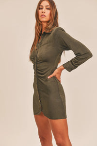 MABLE Front Ruched Button-Down Skinny Mini Shirt Dress - Brittney MADE