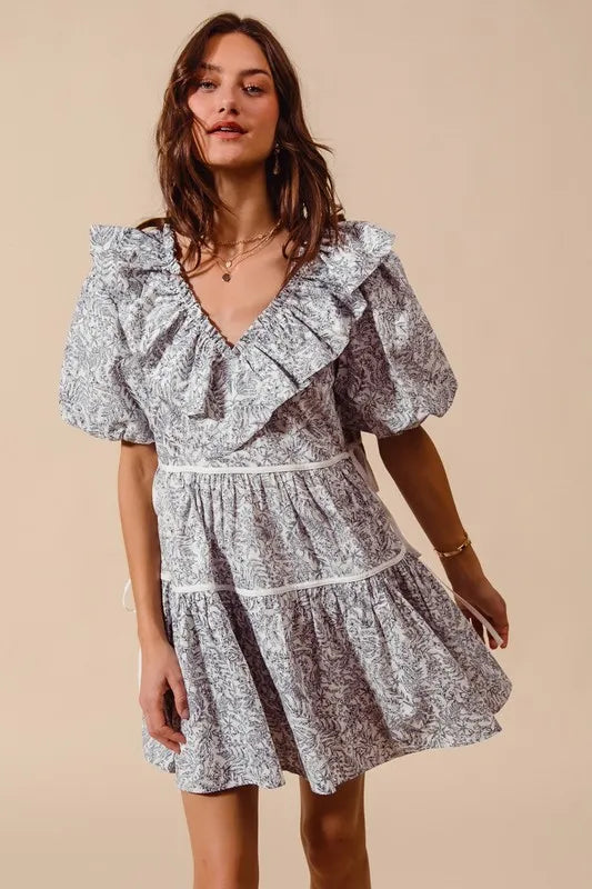 SO ME Cotton Printed Ruffle V Neckline Dress with Side Tie - Brittney MADE