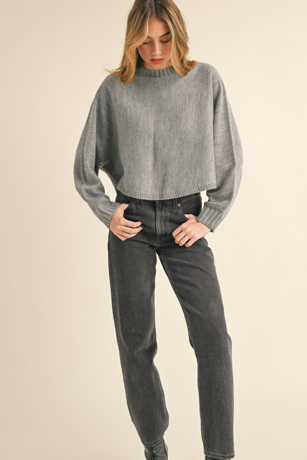 Mable Round Neck Dolman Sleeve Cropped Sweater - Brittney MADE