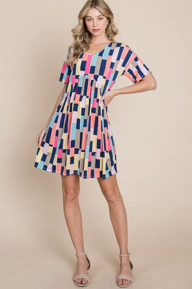 BOMBOM Ruched Color Block Short Sleeve Mini Dress - Brittney MADE