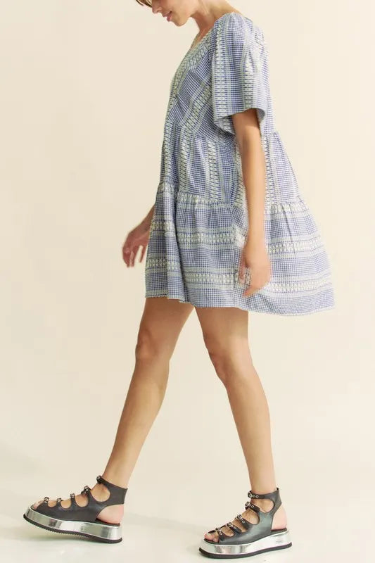 Davi & Dani Embroidered Stripe Ruffled Gingham Mini Dress - Brittney MADE