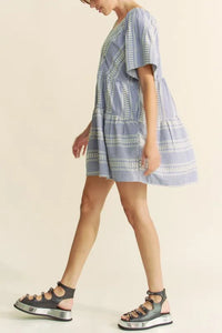 Davi & Dani Embroidered Stripe Ruffled Gingham Mini Dress - Brittney MADE