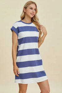 Basic Bae Full Size Striped Round Neck Cap Sleeve Mini Dress - Brittney MADE