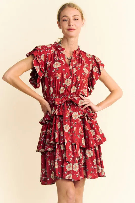 Davi & Dani Ruffle Flutter Sleeve Tie Belt Tiered Mini Dress - Brittney MADE