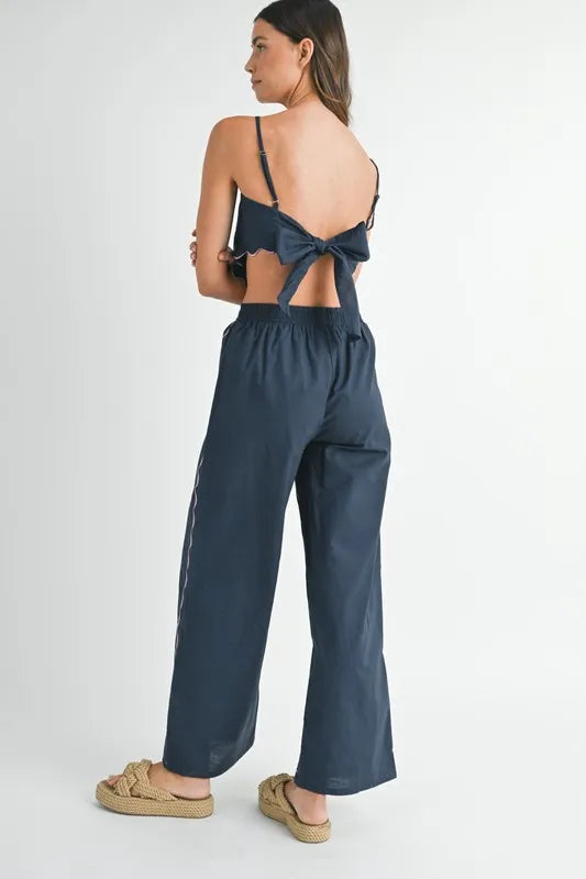 MABLE Linen Embroidered Scarf Top and Pants Set - Brittney MADE