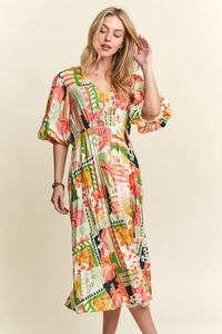 ADORA Floral V-Neck Puff Sleeve Midi Dress - Brittney MADE