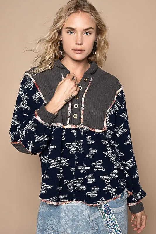 POL Butterfly Waffle-Knit Half Button Hooded Knit Top - Brittney MADE