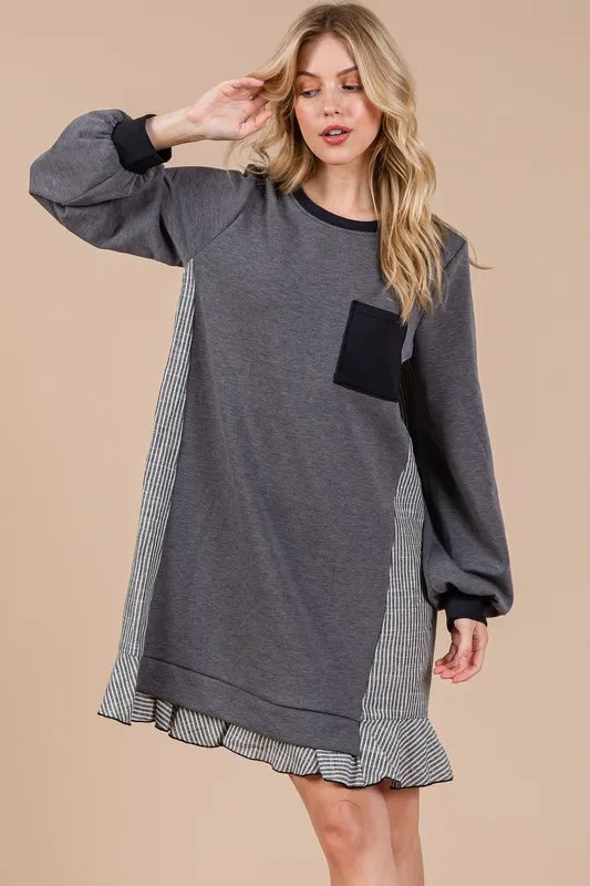 Ces Femme Striped Patchwork Round Neck Terry Sweatshirt Dress - Brittney MADE