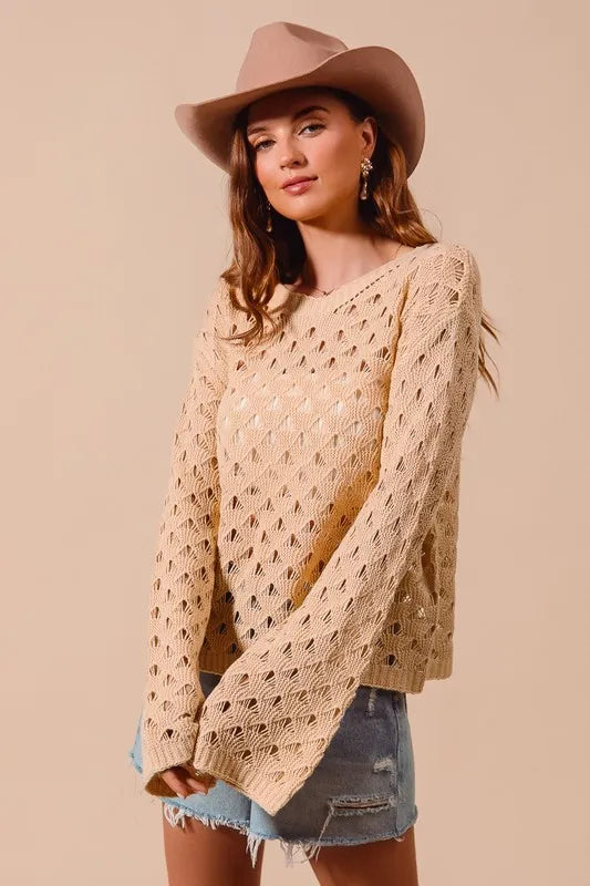 SO ME Geometric Pattern Open Knit Lightweight Sweater - Brittney MADE