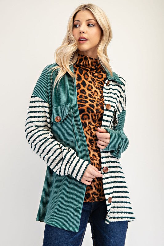 Celeste Full Size Striped Button Up Dropped Shoulder Shacket - Brittney MADE