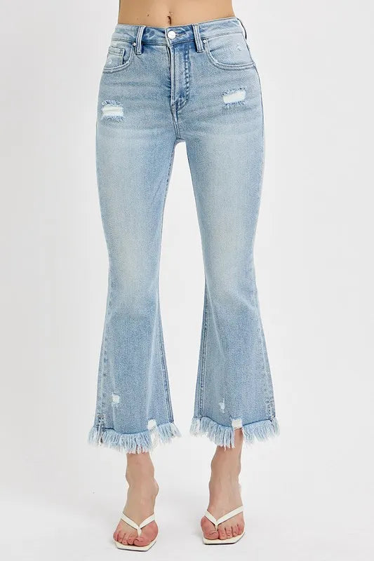 RISEN Full Size Raw Hem Distressed Cropped Flare Jeans Plus Size - Brittney MADE