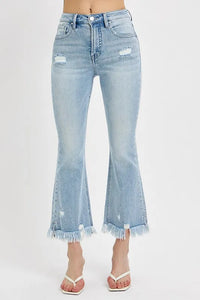 RISEN Full Size Raw Hem Distressed Cropped Flare Jeans Plus Size - Brittney MADE