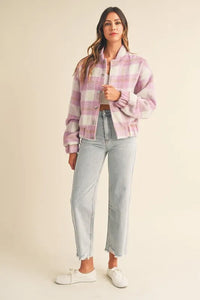 MABLE Plaid Print Fuzzy Bomber Jacket - Brittney MADE