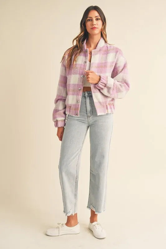 MABLE Plaid Print Fuzzy Bomber Jacket - Brittney MADE