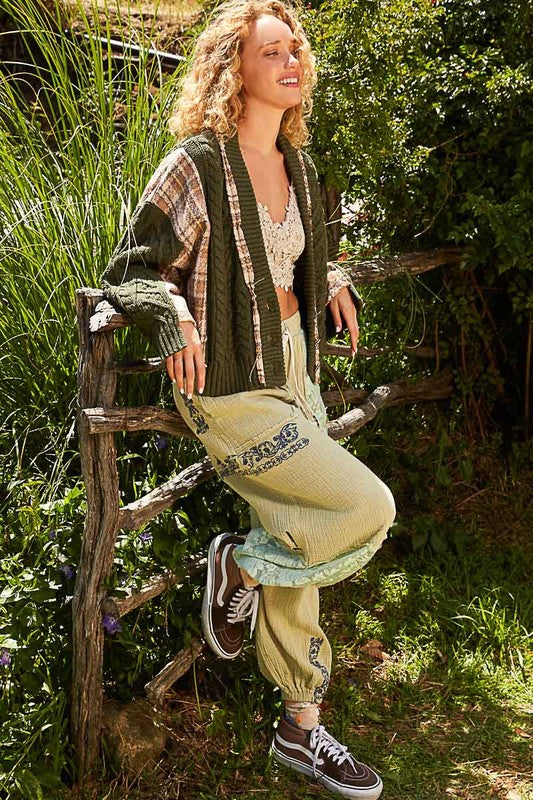 POL Cable-Knit Plaid V-Neck Button Up Cardigan - Brittney MADE