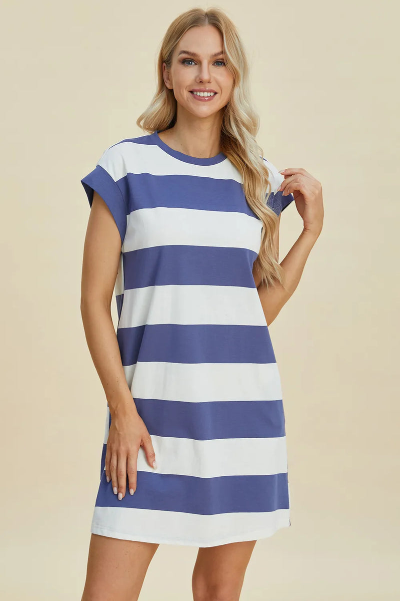 Basic Bae Full Size Striped Round Neck Cap Sleeve Mini Dress - Brittney MADE