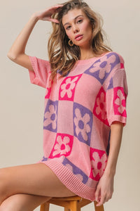BiBi Flower Checker Pattern Short Sleeve Sweater - Brittney MADE