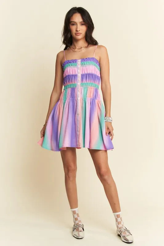 Davi & Dani Multi Color Ombre Printed Bodice Button Up Dress - Brittney MADE
