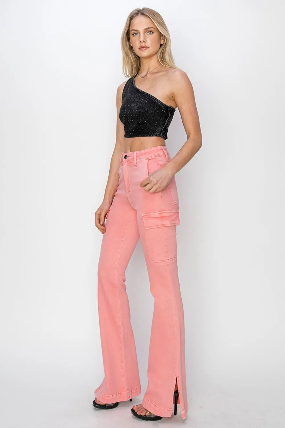 RISEN Full Size High Rise Side Slit Cargo Bootcut Jeans - Brittney MADE