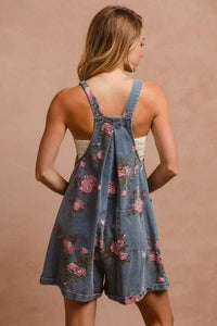 BiBi Flower Printed Wide Strap Denim Overalls - Brittney MADE