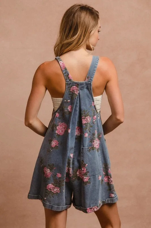 BiBi Flower Printed Wide Strap Denim Overalls - Brittney MADE