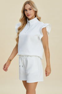 Double Take Full Size Texture Flounce Sleeve Top and Shorts Set - Brittney MADE