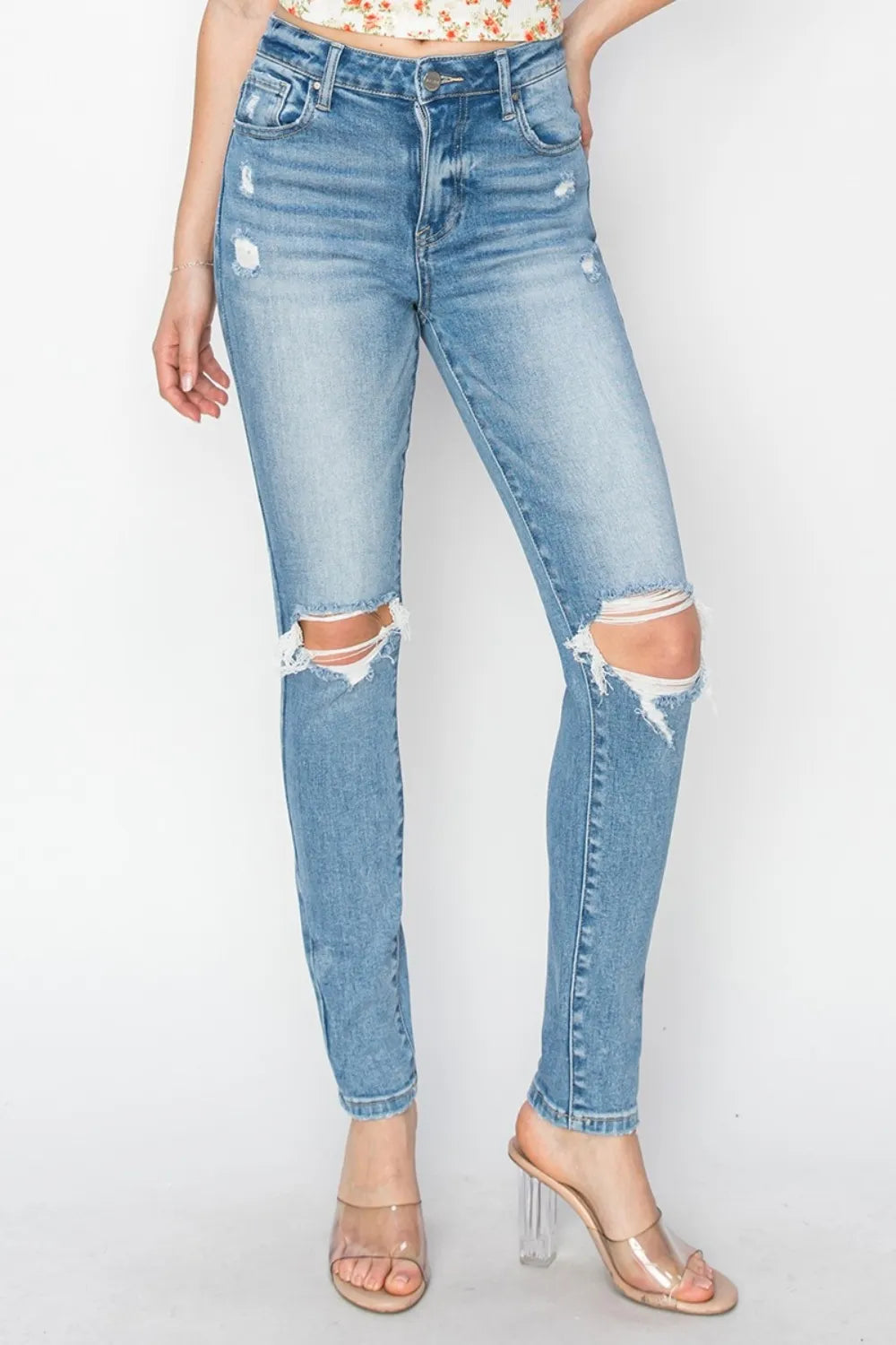 Risen Full Size High Rise Knee Distressed Skinny Jeans - Brittney MADE