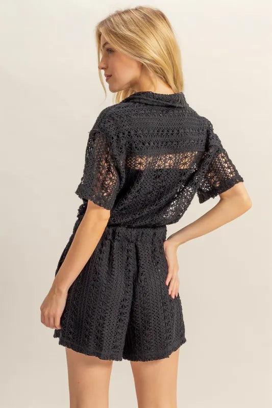 HYFVE Crochet Button Front Short Sleeve Romper - Brittney MADE
