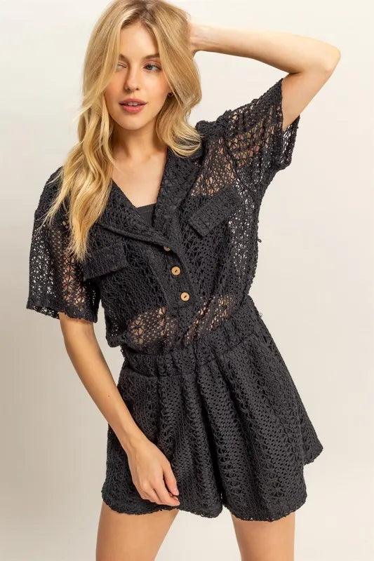 HYFVE Crochet Button Front Short Sleeve Romper - Brittney MADE
