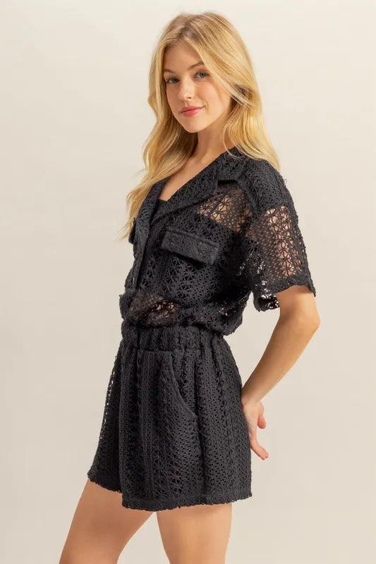 HYFVE Crochet Button Front Short Sleeve Romper - Brittney MADE