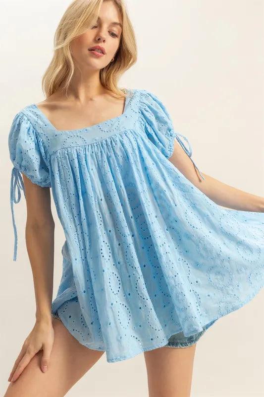 HYFVE High-Low Eyelet Square Neck Short Sleeve Blouse - Brittney MADE