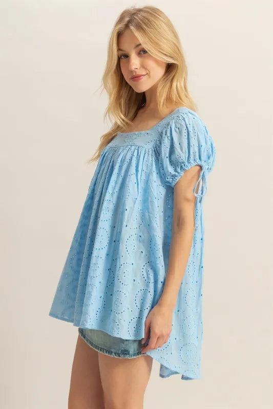 HYFVE High-Low Eyelet Square Neck Short Sleeve Blouse - Brittney MADE