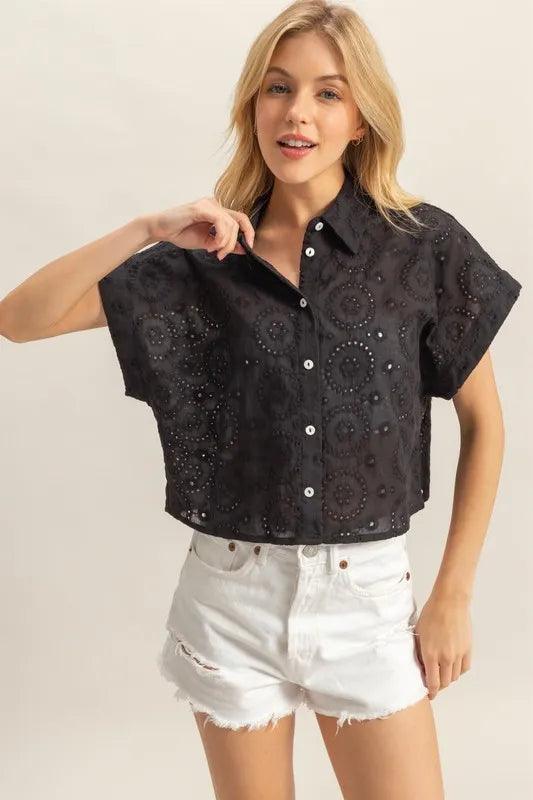 HYFVE Lightweight Eyelet Button Down Short Sleeve Shirt - Brittney MADE