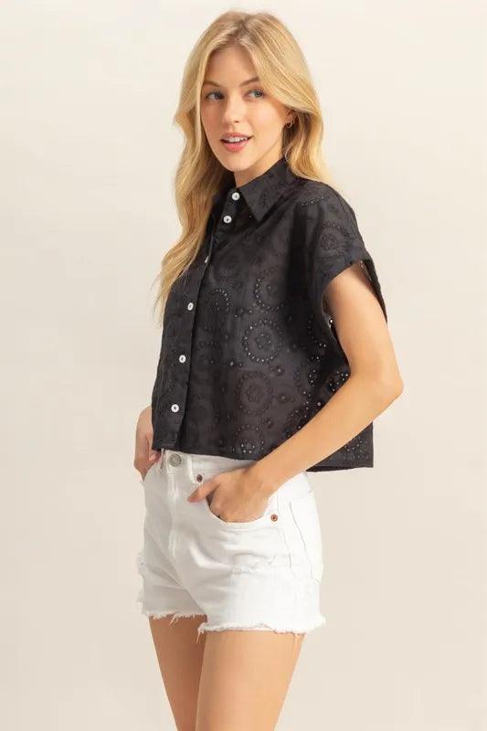 HYFVE Lightweight Eyelet Button Down Short Sleeve Shirt - Brittney MADE
