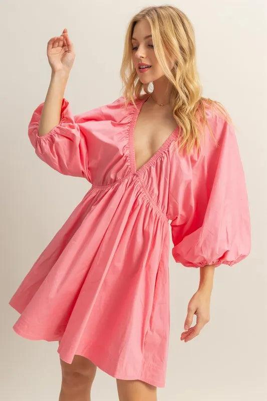 HYFVE Plunge Balloon Sleeve Poplin Mini Dress with Pockets - Brittney MADE