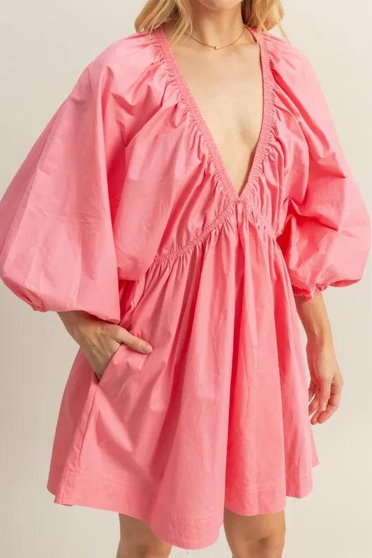 HYFVE Plunge Balloon Sleeve Poplin Mini Dress with Pockets - Brittney MADE